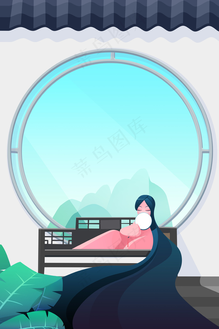 夏日走廊长发少女乘凉(3545X5315(DPI:300))psd模版下载