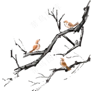 中国风古典手绘花鸟果水墨矢量图,免抠元素