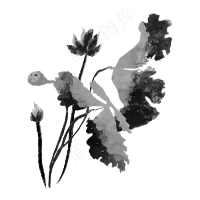 手绘中国风水墨画荷花PNG素材(2000X2000(DPI:300))psd模版下载