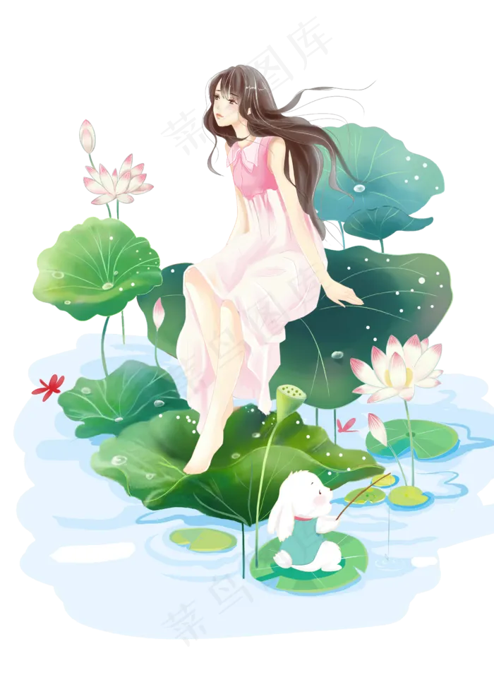 夏天夏至荷花荷叶美女,免抠元素