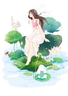 夏天夏至荷花荷叶美女,免抠元素