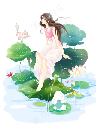 夏天夏至荷花荷叶美女,免抠元素