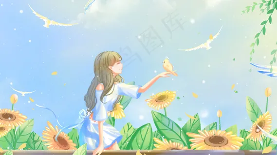 蓝色唯美卡通小清新卡通向日葵花丛少女配图 蓝色唯美卡通小清新卡通向日葵花丛少女配图
