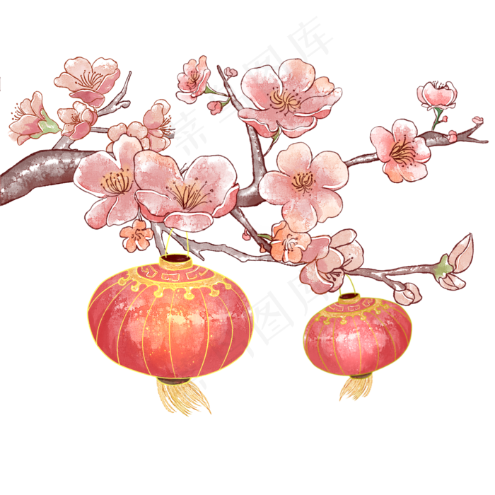 新年花与灯笼水彩(2000X2000(DPI:299))psd模版下载