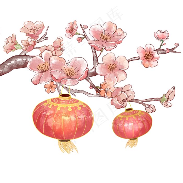 新年花与灯笼水彩(2000X2000(DPI:299))psd模版下载