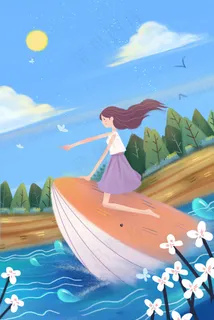 夏天夏日夏景小暑少女风景鲸鱼卡通插画