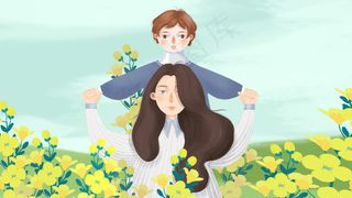 春季卡通手绘风母亲节妈妈带孩子玩飞机