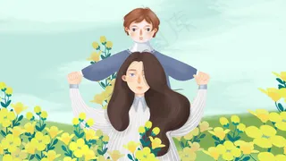 春季卡通手绘风母亲节妈妈带孩子玩飞机