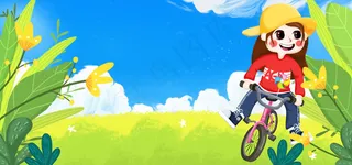 五一出游可爱小女孩骑摩托卡通banner