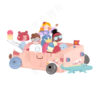 卡通乘坐玩具小车的一群小朋友可,免抠元素
