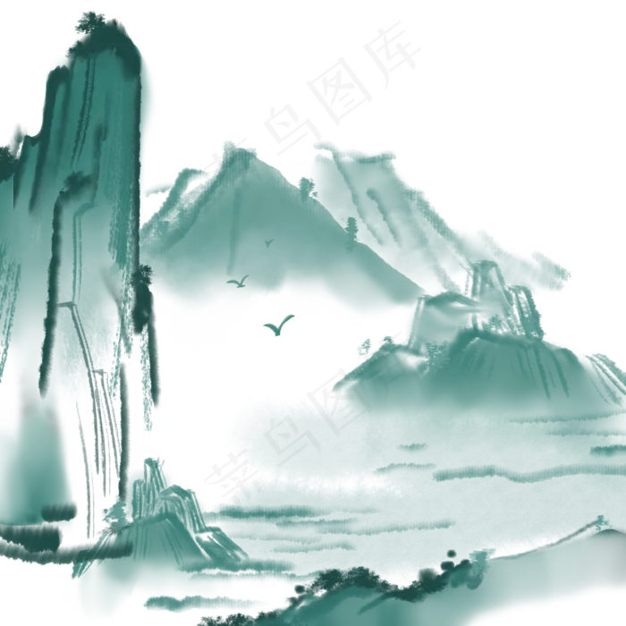 中国风水墨山水画青绿山水画(2000X2000(DPI:300))psd模版下载