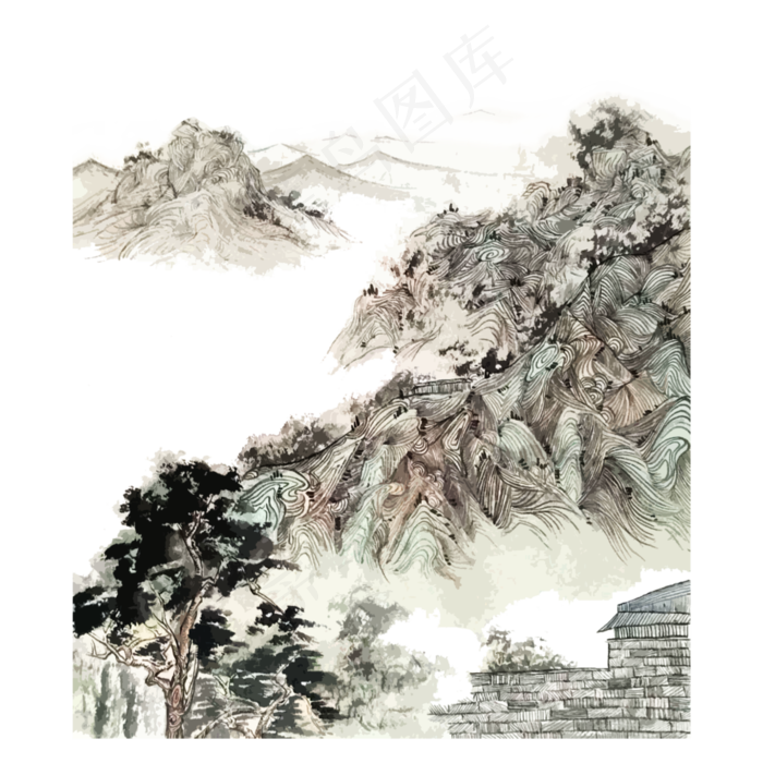 水墨山水国画线描PNG,免抠元素