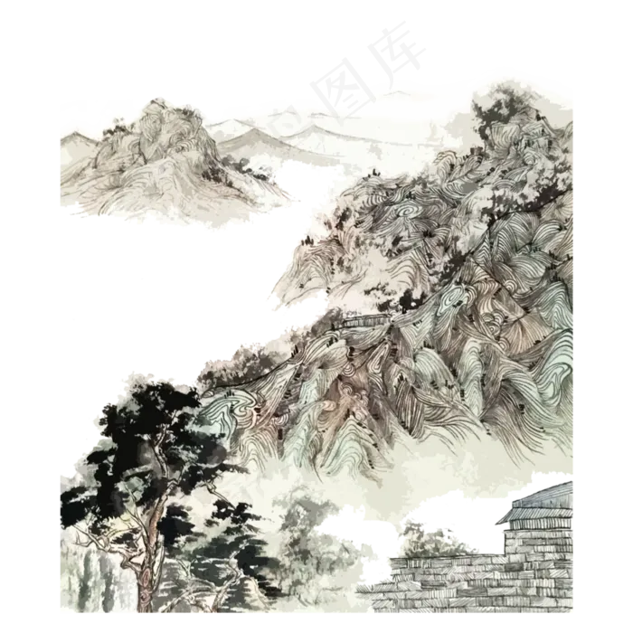 水墨山水国画线描PNG,免抠元素(3000X3000(DPI:300))psd模版下载