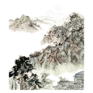 水墨山水国画线描PNG,免抠元素 水墨山水国画线描PNG,免抠元素
