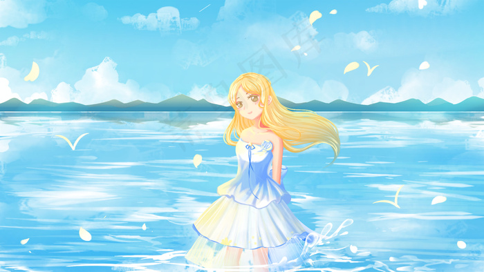 蓝色唯美卡通小清新治愈在水中的少女配图(2880*1620px 300 dpi )psd模版下载