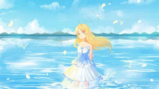 蓝色唯美卡通小清新治愈在水中的少女配图