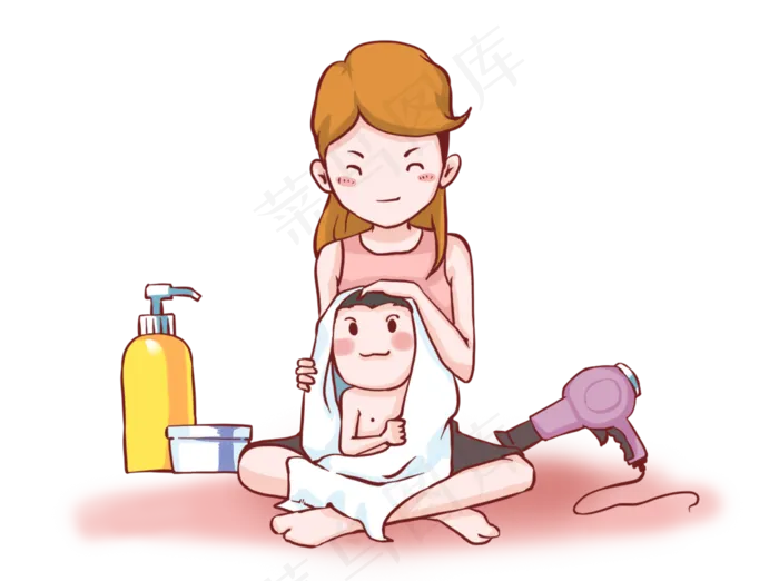 卡通手绘妈妈开心给孩子洗澡,免抠元素(2000X1492(DPI:300))psd模版下载