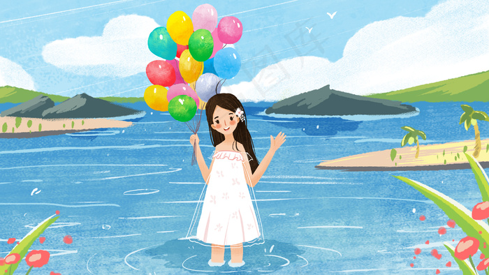 夏天女孩海边小气球小清新(2880X1620(DPI:300))psd模版下载