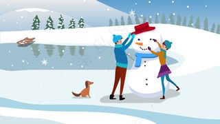 在湖边堆雪人的情侣