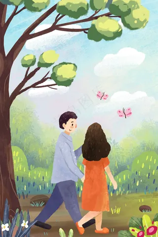 春天情侣踏青春游小清新风景竖图