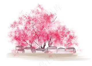 水彩水墨桃花林
