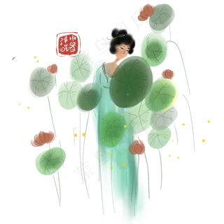 二十四节气小暑赏荷的少女