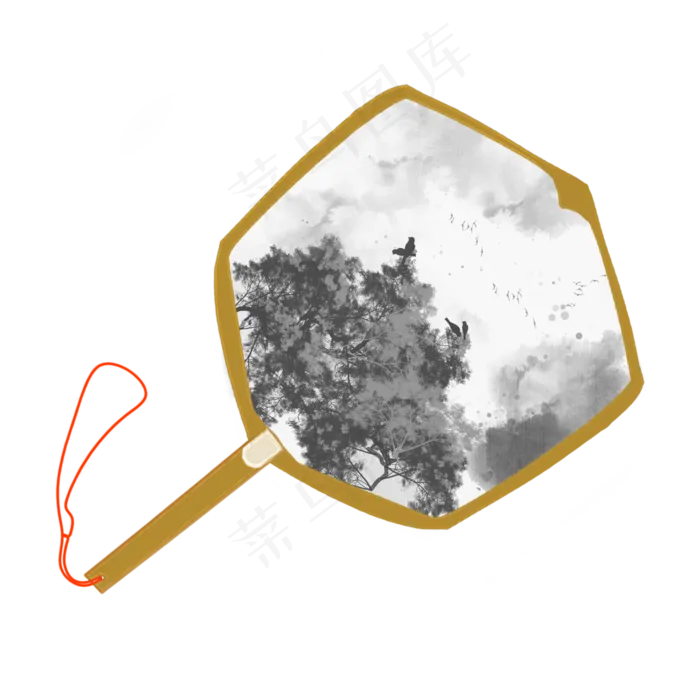 中国风复古水墨花鸟扇,免抠元素