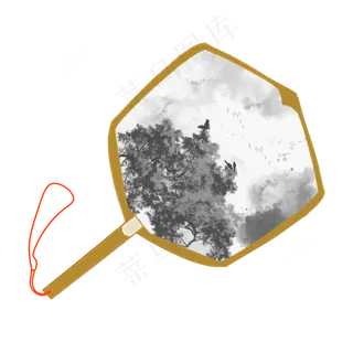 中国风复古水墨花鸟扇,免抠元素