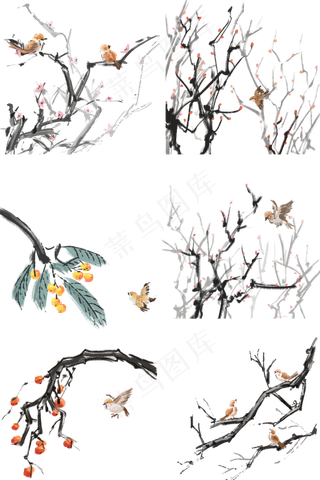 中国风古典手绘花鸟果水墨矢量图,免抠元素