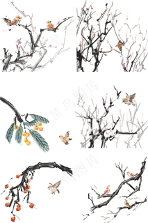 中国风古典手绘花鸟果水墨矢量图,免抠元素 中国风古典手绘花鸟果水墨矢量图,免抠元素