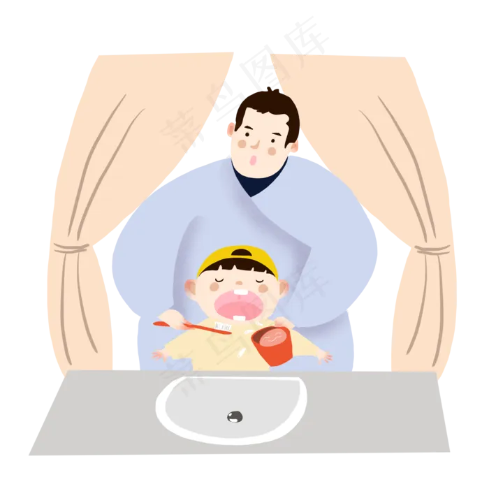 父亲节蓝色系父子刷牙手绘(3500X3500(DPI:500))psd模版下载