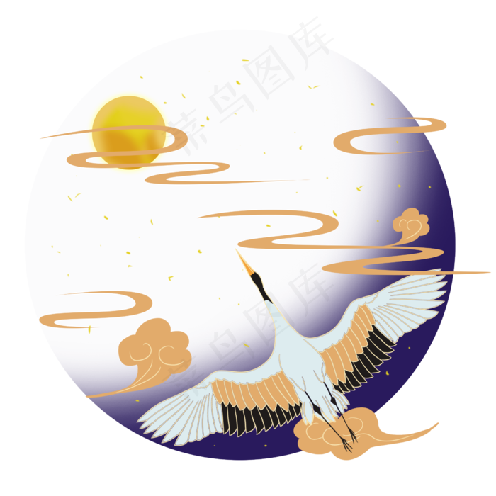 中国风仙鹤丹顶鹤飞翔金色明月