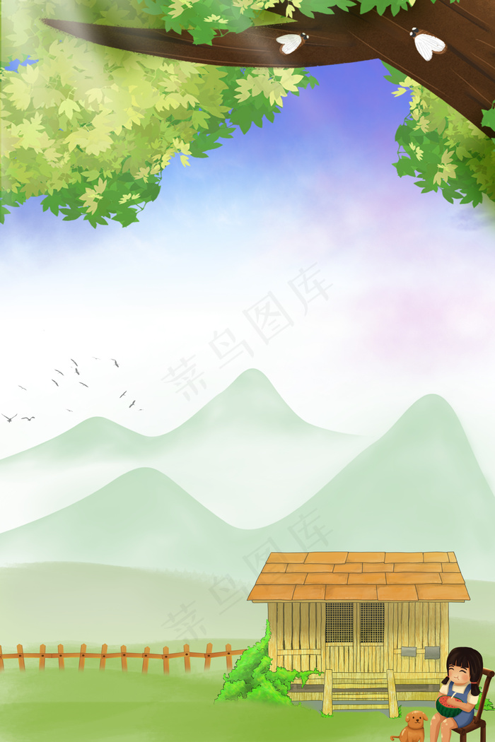 坐在树下吃西瓜的女孩(3545*5315px 	      )psd模版下载