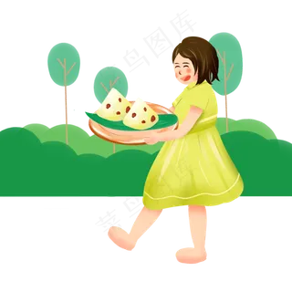 端午节扁平风手绘端着粽子的女孩