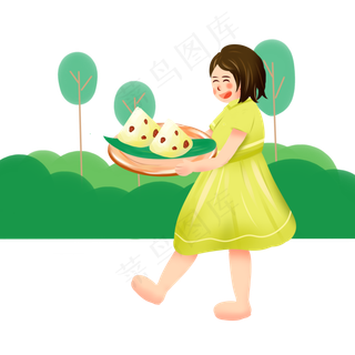 端午节扁平风手绘端着粽子的女孩