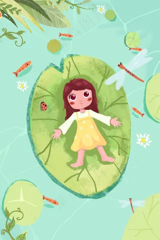 立夏夏天小女孩荷叶荷花清新