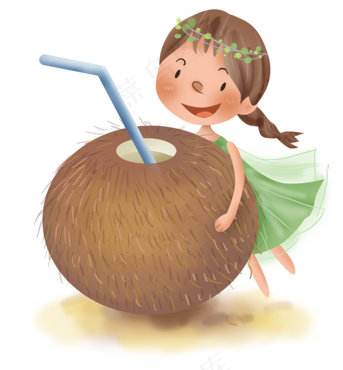 夏季和椰子汁的小女孩,免抠元素