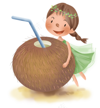 夏季和椰子汁的小女孩,免抠元素