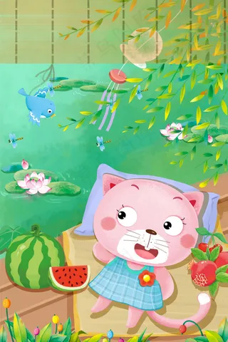 小暑大暑夏景肌理绿色猫咪吃西瓜