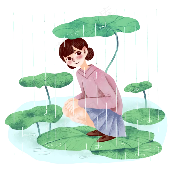 谷雨站在荷叶的女孩