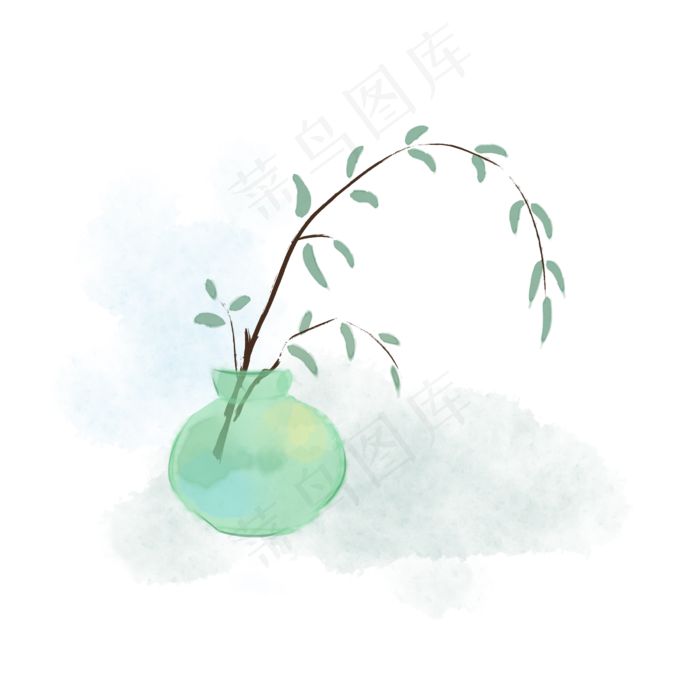 中国风水彩水墨玉壶和柳枝