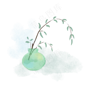 中国风水彩水墨玉壶和柳枝