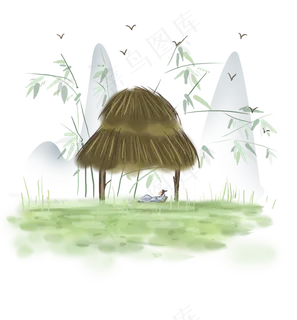 中国风草棚里休息的古人,免抠元素