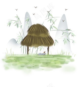 中国风草棚里休息的古人,免抠元素