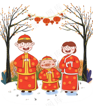 手绘小清新元旦2019年猪年拜年的�,免抠元素