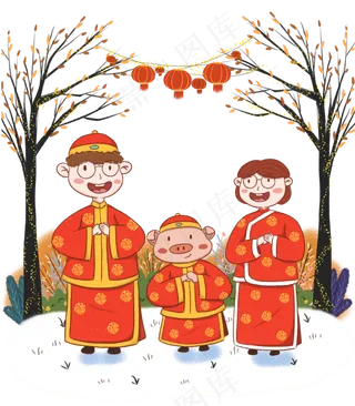 手绘小清新元旦2019年猪年拜年的�,免抠元素