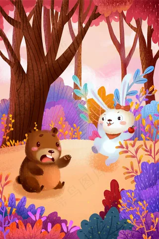 立秋秋风秋天秋季黄色丰收小熊与兔子