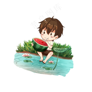 小暑大暑节气绿色卡通男孩吃西瓜