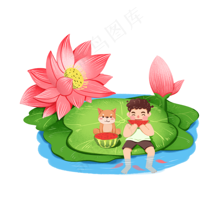 手绘风夏至吃西瓜二十四节气png,免抠元素