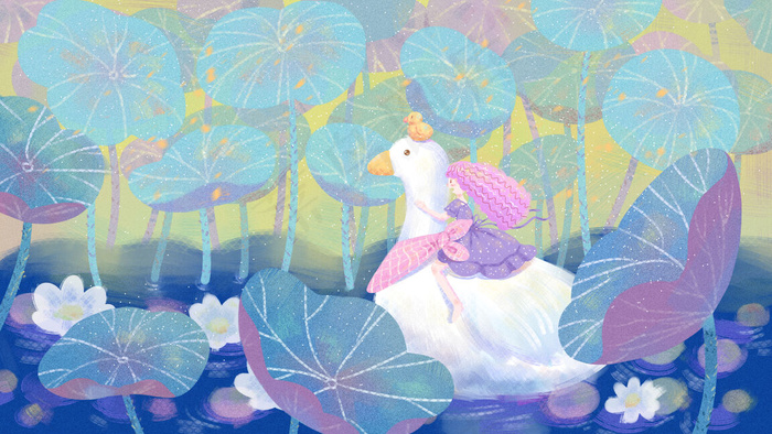 夏天卡通小清新简约立夏荷叶池塘大白鹅女孩(2880*1620px 300 dpi )psd模版下载